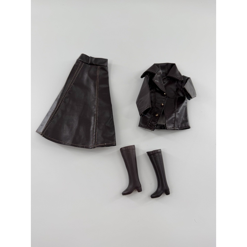 Barbie Dark Brown Faux Leather Coat Long Skirt Boots Set